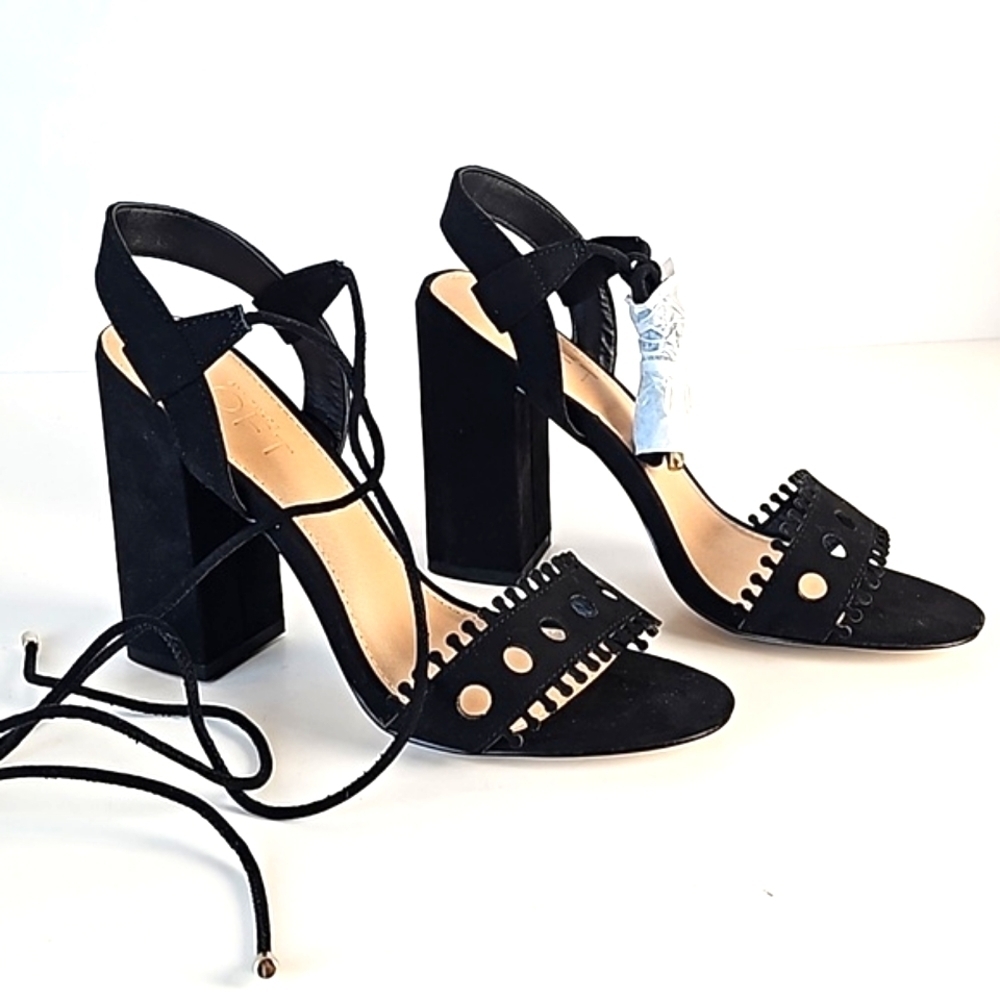NEW Ann Taylor Loft Black Faux Suede Laser Cut Ankle Wrap Block Heel San…